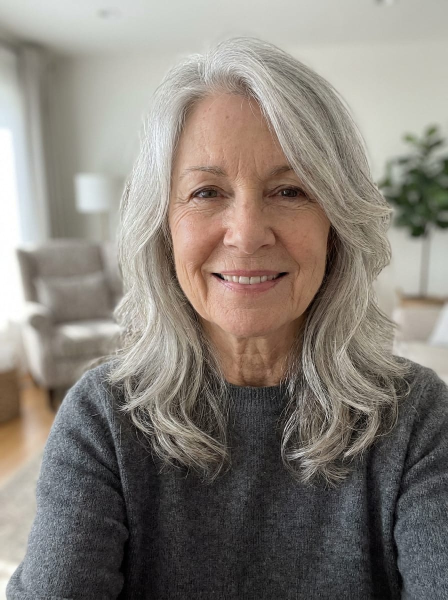 Längere graue Haare mit weichen Layers - Frisur ab 60